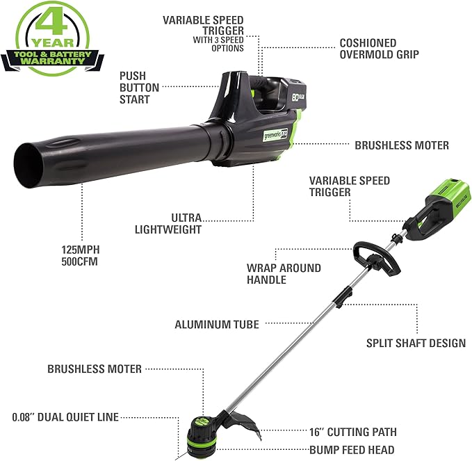 Greenworks 80V Brushless Cordless Yard Tool Combo Kit with 2.0Ah Battery & Rapid Charger ??16" Dual-Line String Trimmer and 500 CFM / 125 MPH Leaf Blower, Variable Speed, 4-Year Warranty