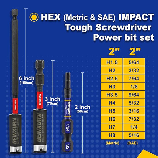 22Pieces 2 In. Multi Hex Head Impact Tough Magnetic Allen Wrench Drill Bits Set, Metric&SAE Power Bits Set, S2 Steel Hex Screwdriver Bit set with 3?쒫it Holder