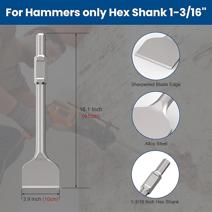 TOOVEM Hex Shank Masonry Chisel, 4 Inch Wide Alloy Steel Demolition Jack Hammer Thinset Scraper Adhesives Remover, Concrete Scraping Chisel Bits for Demolition Concrete Breaker