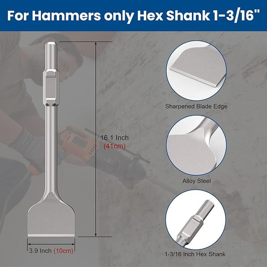 TOOVEM Hex Shank Masonry Chisel, 4 Inch Wide Alloy Steel Demolition Jack Hammer Thinset Scraper Adhesives Remover, Concrete Scraping Chisel Bits for Demolition Concrete Breaker