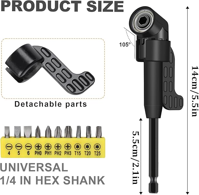 17 Pcs Flexible Drill Bit Extension, Include 2 Pcs Hex Shank 105째 Right Angle Drill Attachment 3Pcs Drill Bit Holder 10 Short Screwdriver Bits 90째 Angled Bits and Bendable Drill Bit Extension