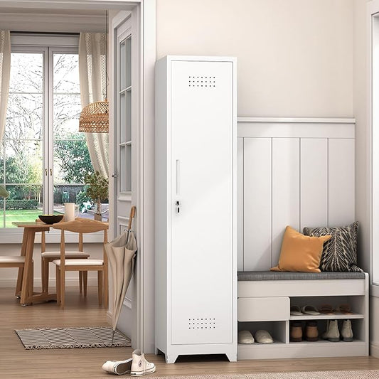 GREATMEET Broom Closet Storage Cabinet, 65'' Slim Metal Single Door Lockable Cleaning Storage Cabinet for Brooms, Mops & Cleaning Supplies, Utility Storage Cabinet for Garage, Laundry Room, White