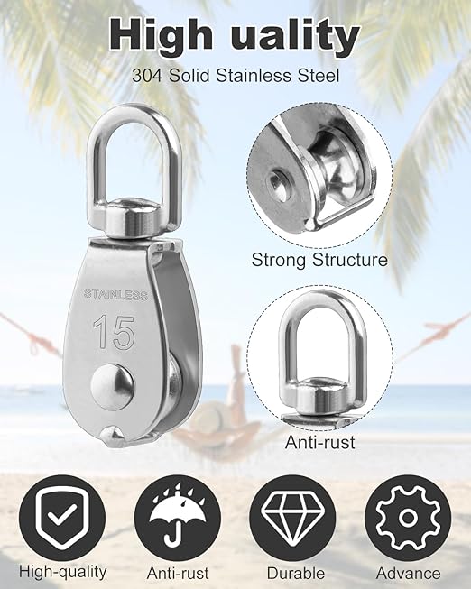 Rocaris 25 Pack M15 Lifting Single Pulley Block 304 Stainless Steel Crane Swivel Hook Double Pulley Roller Loading