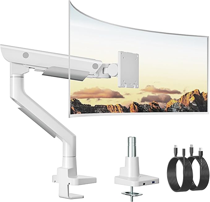 monTEK Sleek Aluminum Monitor Arm for 17??7??Ultrawide Screens up to 59.4 lbs, USB 3.0 A/C, Heavy Duty Single Monitor Arm Desk Mount, Pneumatic Lift, Quick-Release Plate, Clamp/Grommet, VESA 100x100