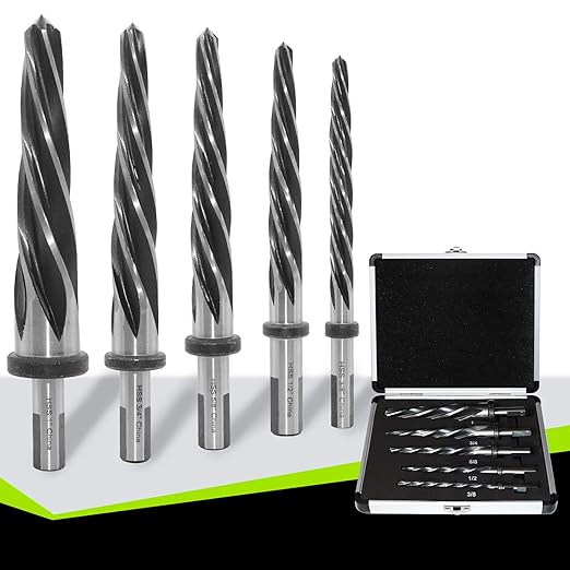Reamer Bit Set for Steel Metal Wood,5PCS M2 HSS Tapered Reamer Drill Bit Set-,3/8",1/2",5/8",3/4",1" Bridge/Construction Fit 1/2" Round Shank Chuck Alloy to Align Existing Hole and Enlarge Hole