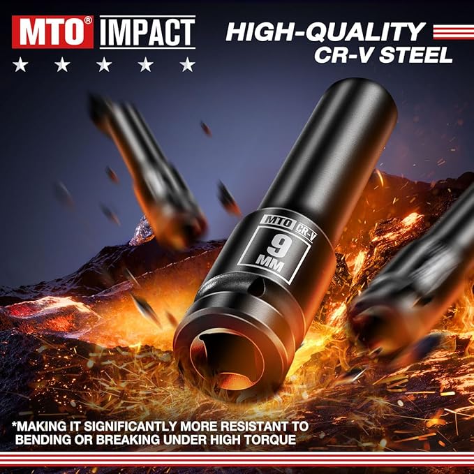 MTO 1/2" Drive 9mm Deep Impact Socket, 6-Point Metric Socket for Automotive Maintaince, CR-V Steel Meets ANSI Standards