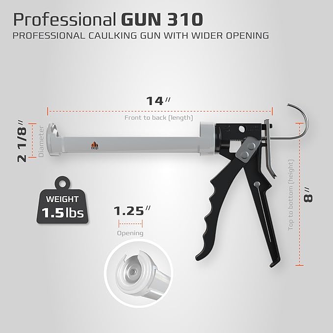 DCP Professional Gun 310 Caulking Gun with Wider Opening 10 oz. - Manual Caulking Tool Gun Suitable for Silicone, Polyurethane & Acrylic Caulk - 12:1 Thrust Ratio Hand Caulk Gun with Wider Opening