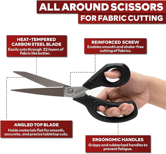 XFasten Sewing Scissors for Fabric Cutting Black 9.5 Inch Premium Professional Fabric Scissors Sewing | Large and Heavy duty