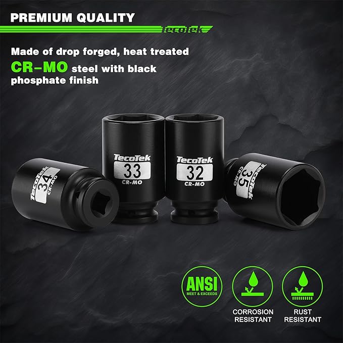 1/2" Drive Deep 6-Point Impact Socket Set, 11-Piece Deep Metric Spindle Axle Nut Impact Socket Set, Cr-Mo, 27mm - 41mm