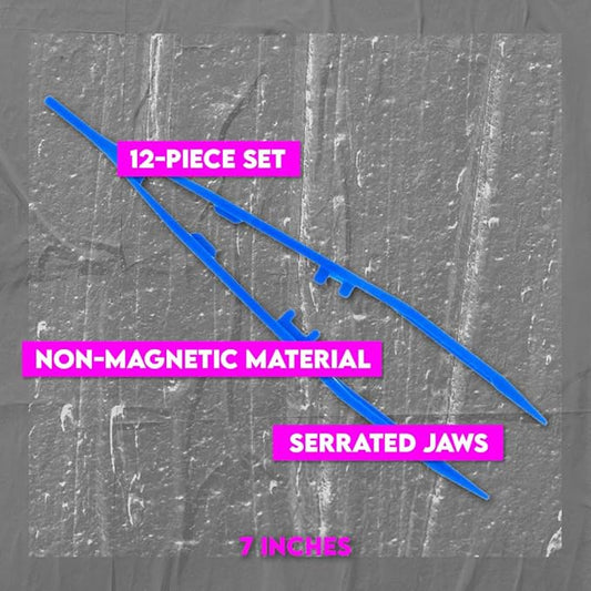 SE 7-Inch 12-Piece Blue Lightweight Plastic Tweezer Set - Non-Magnetic, Serrated Jaw, Textured Grip for Crafts, Electronics, and First Aid - 365PT12