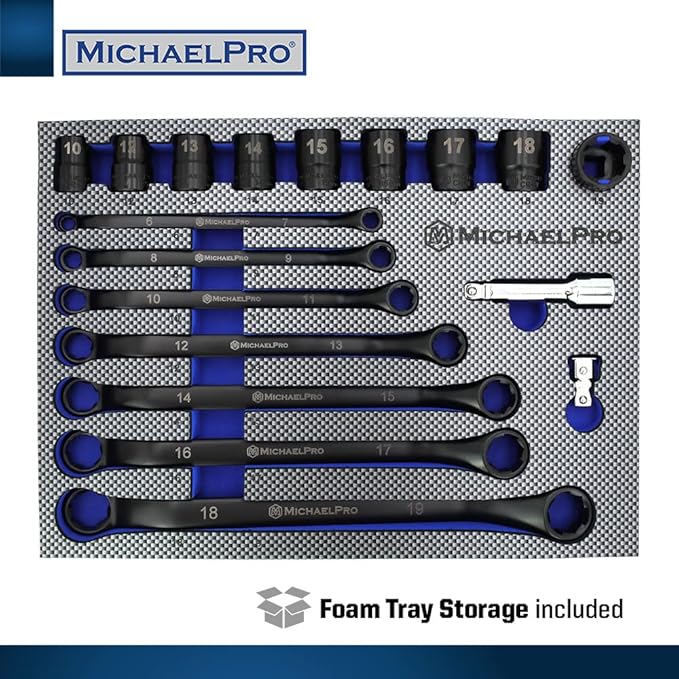 MichaelPro 18-Piece Bolt Extractor Wrench and Socket Set, 45째 Offset Wrenches Metric 6-19mm, 6-Point Box End Nut for Rounded, Stripped & Thin Bolts Removal, CR-V Steel, Extractor Sockets 10-19mm