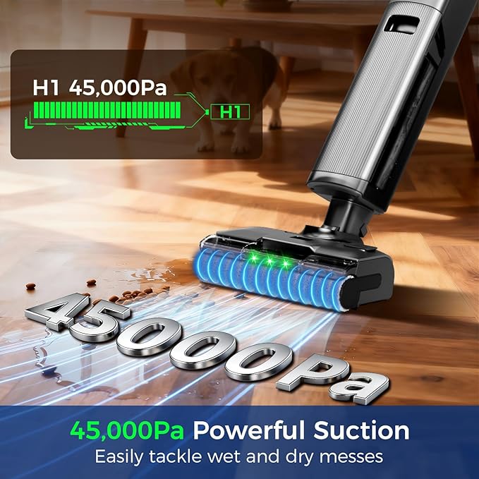 Wet Dry Vacuum Cleaner,Cordless Vacuum Mop Combo with Self-Cleaning,All in one Floor Cleaner Machine for Hard Floor,45kPa Suction 75 Mins Runtime Anti-Tangle,LED Light,180째 Lay-Flat,Self Propelled