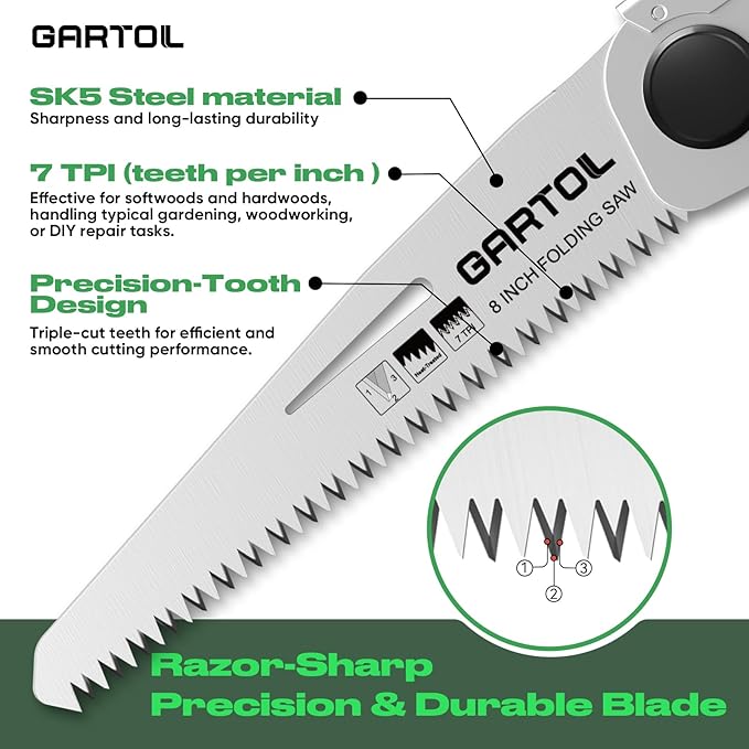 GARTOL 8-Inch Folding Saw with Sharp SK5 Blade, Ergonomic Grip, Portable Hand Pruning Saw for Wood Cutting, Pruning, Camping, and DIY Tasks, Cuts Branches Up to 6 Inches