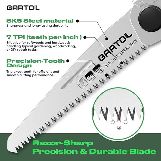 GARTOL 8-Inch Folding Saw with Sharp SK5 Blade, Ergonomic Grip, Portable Hand Pruning Saw for Wood Cutting, Pruning, Camping, and DIY Tasks, Cuts Branches Up to 6 Inches
