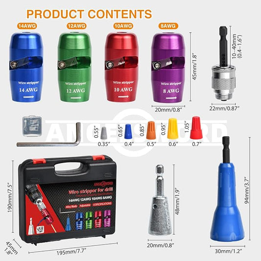 ANGELSWORD Wire Stripper & Wire Twister Tool for Drill, Wire Stripping Tool & Wire Twisting Connector Set 8/10/12/14 AWG, 4 PCS Professional Electrician Tools Set