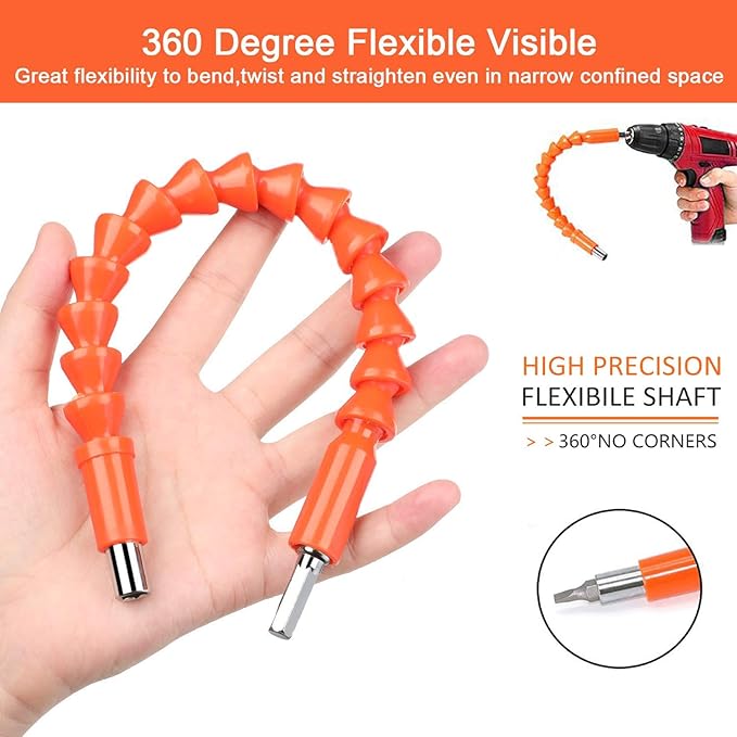 Flexible Drill Bit Extension, 11.6inch Bendable Drill Bit Extension, Universal 1/4 Flexible Extension for Drill Adaptor Hex Set Orange (21 PCS)