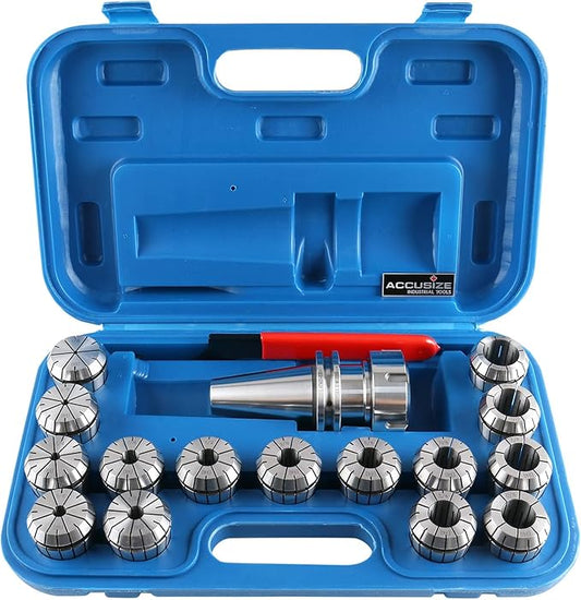 Accusize Industrial Tools Cat40 Shank and 15 Pc Er40 Collet Set with Wrench in Fitted Strong Box, 1/8 to 1 inch, Ct40-Er40