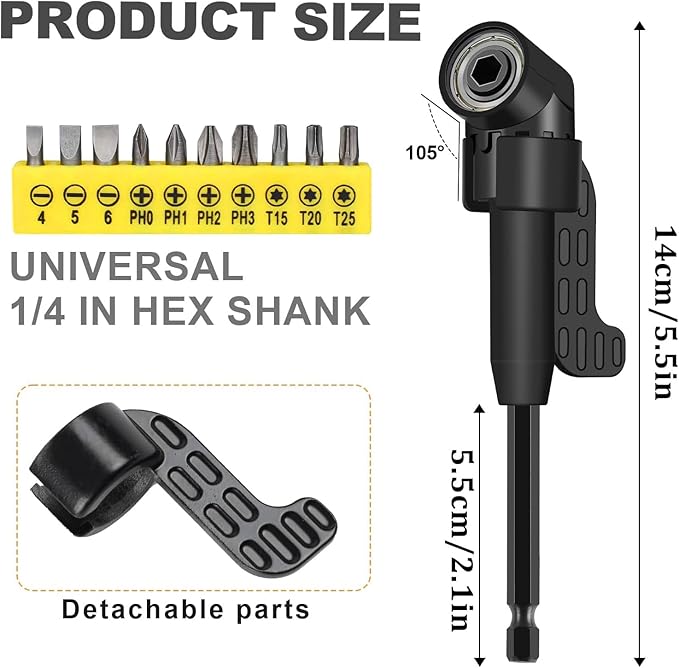 18Pcs Flexible Drill Bit Extension, Include 3Pcs Rotatable Socket Adapter 2Pcs 105째 Right Angle Drill Attachment 10 Short Screwdriver Bits 90째 Angled Bits and 2 Bendable Extension Tool