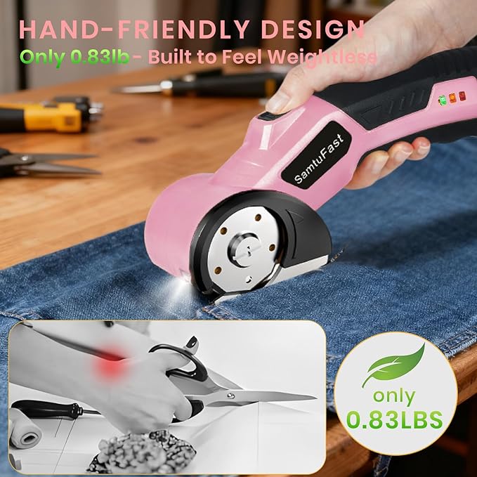 Cordless Electric Scissors, 4V Rechargeable Cardboard Box Cutter with Storage Box,2 Blades,USB Charging Cable, Powerful Rotary Cutters for Carton Plastic Fabric Leather Carpet(Pink)