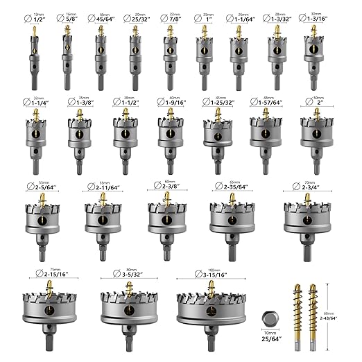 GSTK Upgraded 26 PCS Heavy Duty Carbide Hole Saw Set, Metal Steel Drill Bit, TCT Cutter, 24 Saws with 2*Extra Pilot Center Drills, Ideal for Metal, Iron, Stainless (1/2''- 3-15/16'')-26PCS