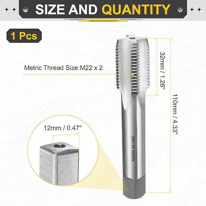uxcell Hand Plug Tap M22 x 2 H2 Metric Thread Plug Style Taps Straight Flute Screw Tapping Threading Tool High Speed Steel HSS6542