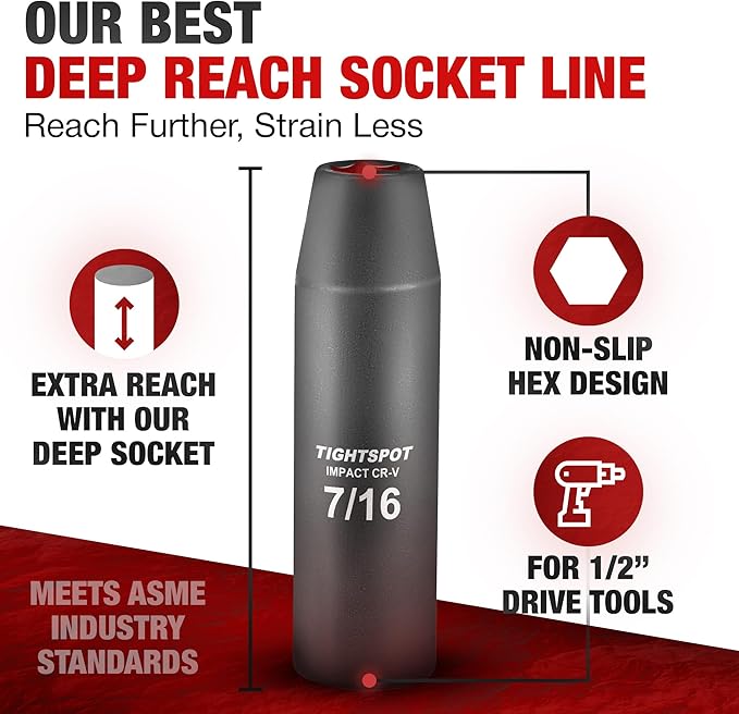 TIGHTSPOT 1/2 Inch Drive - 7/16 Inch Deep Impact Socket with Anti-Rounding 6 Point Design, Heat-Treated CRV Steel