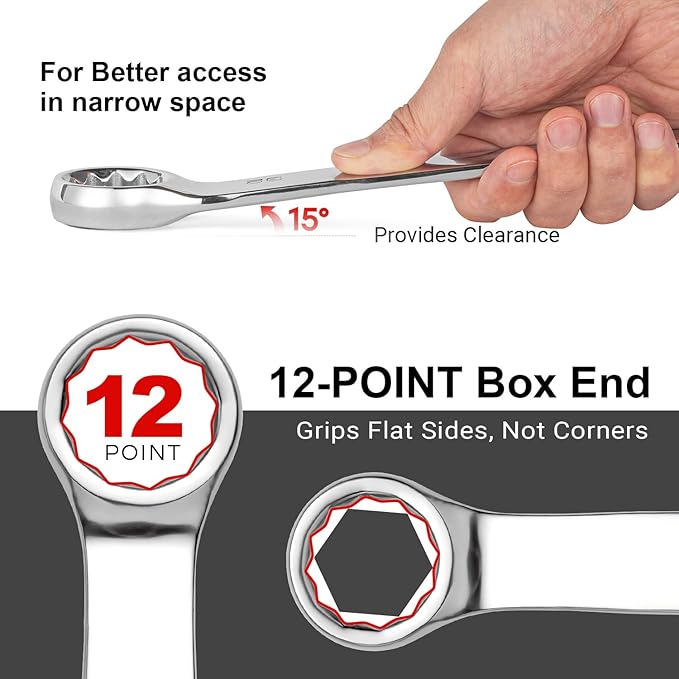 MAXPOWER 7/16 Inch Combination Wrench Set, Professional Open and Box End Spanners with Mirror Finish, Made with Forged and Heat-Treated Cr-V Steel, 12-Point Design
