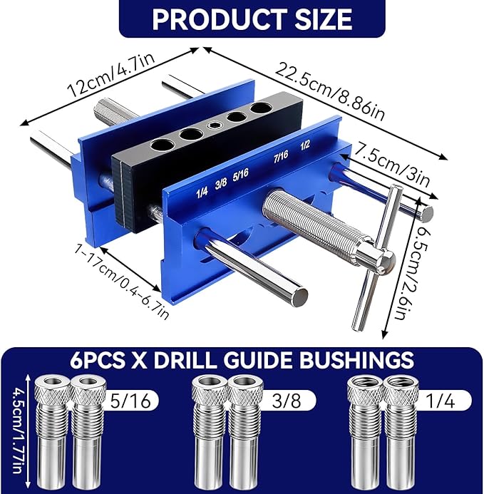 Self Centering Doweling Jig Kit, Drill Jig For Straight Holes Biscuit Joiner Set With 6 Drill Guide Bushings, Adjustable Width Drilling Guide Power Tool Accessory Jigs (XL)