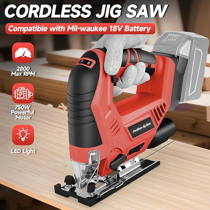 Jigsaw Compatible with Milwaukee 18V Battery (No Battery), Cordless Jig Saw Brushless Jigsaw Tool with LED Light, 0°- 45° Bevel Cuts, 3 Orbital Settings for Straight/Curve/Circle Cutting