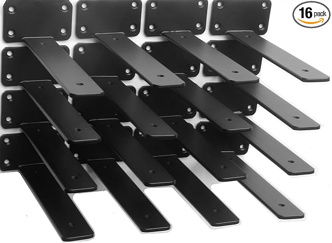 16 Pack - 8 inch Black Hidden L Shelf Bracket (1/5 Inch Thicked) Iron Floating Shelf Brackets Rustic Industrial Metal Brackets for Shelf Support