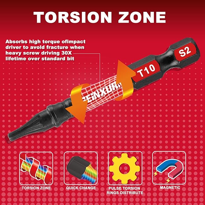 10Pieces 2 In. T10 Impact Tough Magnetic Screwdriver Bit Set, #10 Torx Head Power Bits, S2 Alloy Steel Star Bits with Storage M-Box