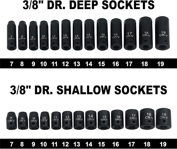 26pcs 3/8" Impact Socket Set, Deep & Standard Socket, Metric 7mm to19mm, 6-Point, Cr-V Steel
