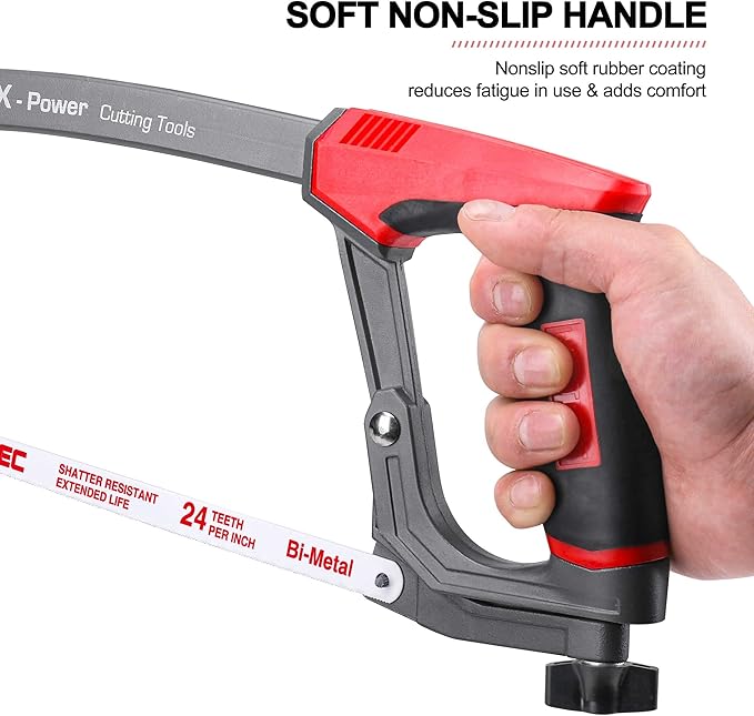 HAUTMEC 12-Inch Heavy Duty Hacksaw with High-Tension Solid Aluminium Frame, 45°/90° Dual Cutting Angles, Quick Blade Change,24 TPI Bi-Metal Blade for Heavy-Duty Cutting – HT0146