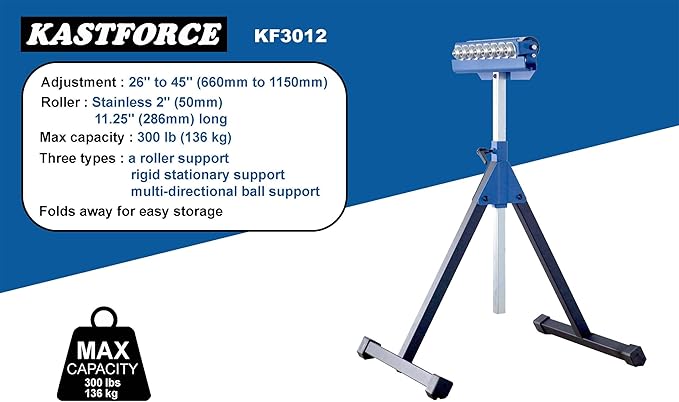 Heavy-Duty Roller Stand 300 Lbs 136kg Loading Capacity (3 in 1 Roller), Adjustable Miter Saw Extension, Folds Flat for Easy Storage, 2 Inch (50mm) Stainless Steel Roller KF3012