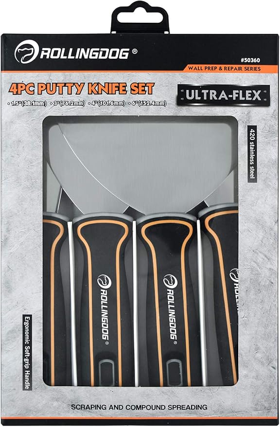 ROLLINGDOG 4PC Putty Knife Set(1.5",3",4",6") - Putty Knives Spackle Knife Great for Putty Scraper, Cleaning, Spreading on Drywall Repairs