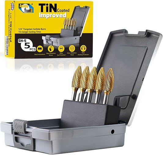 SH-5 5pcs Tungsten Carbide Burr TiN Rotary File Flame Shape Double Cut with 1/4''Shank for Die Grinder Drill Bit