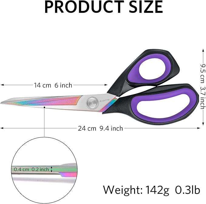 Professional Fabric Scissors, Heavy Duty Titanium Coating Sewing Scissors, Ultra-Sharp Blade Fabric Shear, Ergonomic Rubber Handle, Great for Craft, Sewing, Leather Tailor, 9.4?? Black/Purple