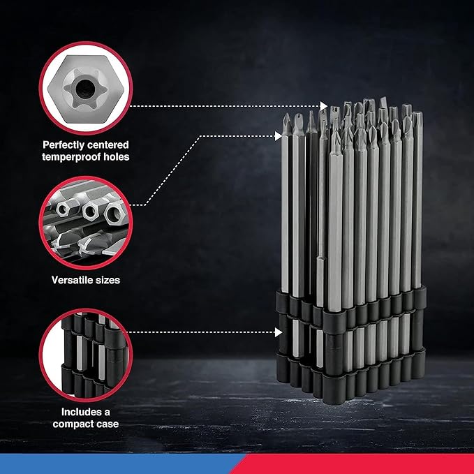 NEIKO 10224A 1/4" Extra Long Security Bit Set, 32 Piece Screwdriver For Drill, S2 Steel 6” Long Torx ,Tamper Proof , Torx, PoziDriv, Spanner, Tri-Wing, Security Power Bit