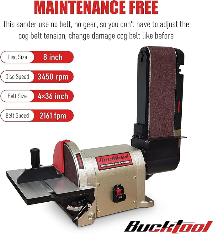 BUCKTOOL Bench Belt Sander with Rotating Base and Dust Collection Fitting, Belt Sander for Woodworking 4 in. x 36 in. Belt & 8 in. Disc with 3/4HP Direct-drive Motor with Rotating Base, BD4801