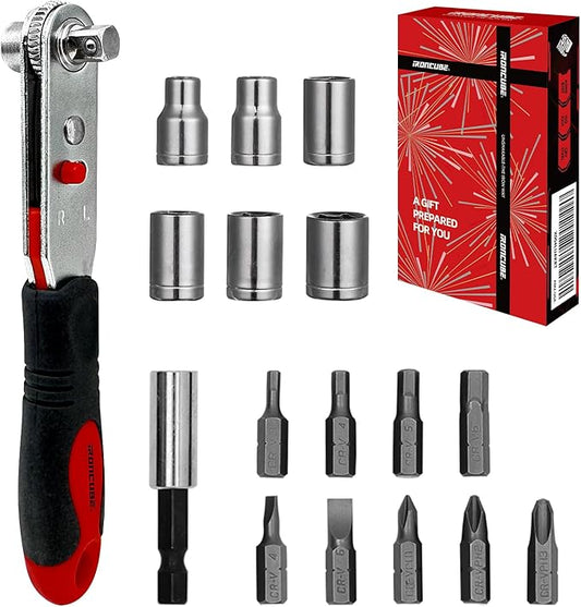 Angle Ratchet Screwdriver Set: 16 Piece Magnetic Bit & Socket with 90 degree Mini Offset Low Profile Reversible Drive Handle - Stocking Stuffers with Gift Box