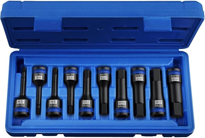 10 Pcs 1/2" Drive Metric Impact Allen Hex Bit Socket Set 42 Cr-Mo 5mm - 19mm One-piece construction with Storage case for Automotive repair