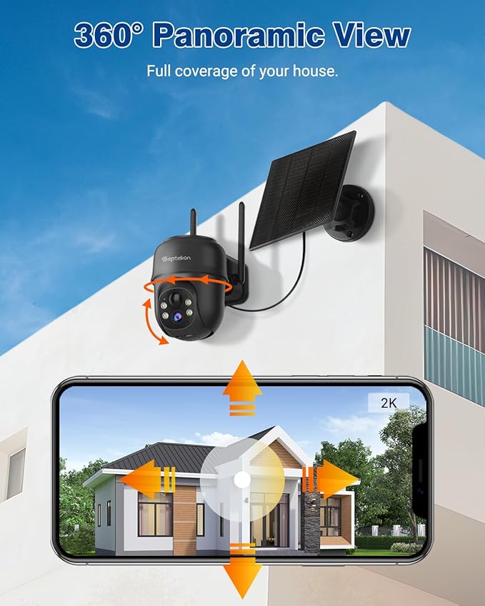Septekon 2K Solar Security Cameras Wireless Outdoor 2 Pack, 360째PTZ Battery Powered Outdoor Camera, 2.4G WiFi Camera with Spotlight Color Night Vision, Motion Sensor Alarm, IP66, Black