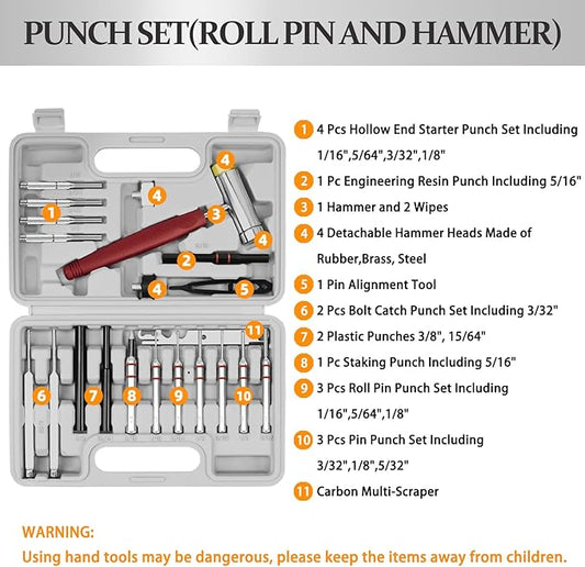 BESTNULE Roll Pin Punch Set, Punch Tools, Made of Solid Material Including Steel Punch and Hammer, Ideal for Machinery Maintenance with Organizer Storage Container (Without Bench Block)