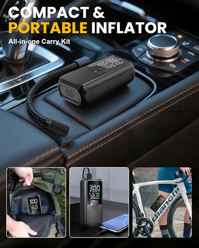 Tire Inflator Portable Air Compressor, T05 Air Pump for Car, Motorcycle, Bike, Balls with Tires Pressure Gauge, 150PSI Air Compressor Portable, Tires Pump with LED Light & Auto Shut-Off