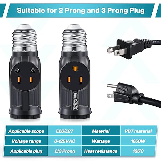 Feekoon 2 Pcs Light Socket to Plug Adapter, Convert E26 Light Socket to 3 Prong Outlet Adapter, Screw in Outlet for Lamp Sockets for Garage Porch (Black)