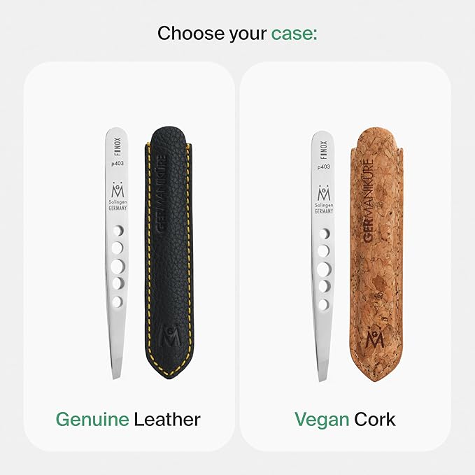 GERMANIKURE Professional Perforated Slanted Tweezers - FINOX Stainless Steel Sharp Tweezers in Cork Case - Easy to Use, Ethically Made in Solingen Germany