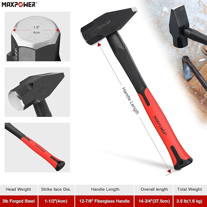 MAXPOWER 3LB Cross Pein Hammer, with 12-7/8" Fiberglass Handle, Drop Forged Steel Head