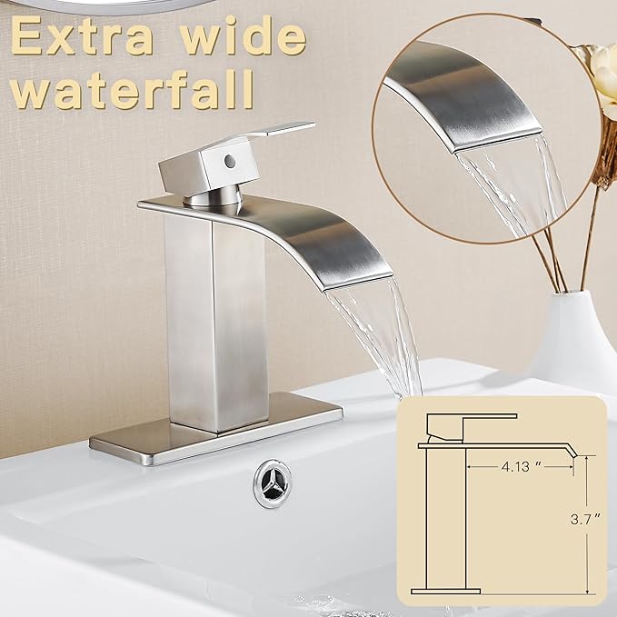 FRANSITON Brushed Nickel Waterfall Bathroom Faucet Lavatory Single Handle 1 or 3 Hole Bathroom Sink Faucet Washbasin Faucet with Deck and Pop-up Drain (Brushed Nickel- Set of 2, Short)