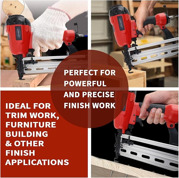 Pnumatic Finish Nailer,16Gauge Nail Gun Acepts 3/4 Inch up to 2-1/2 Inch Finish Nails.Brad Nailer Gun Can Hit Hardwood Ideal for Upholstery (Include 6m Air Tube & Portable Bag)