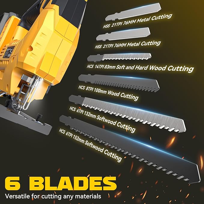 Ecarke Cordless Jig Saw Compatible With Dewalt 20V Max Battery (Only Tool), 4 Orbital Sets, 6 Variable Speeds Control, Dust-Blowing, ±45° Bevel Cuts, LED Light and 6PCS Blades For Cutting